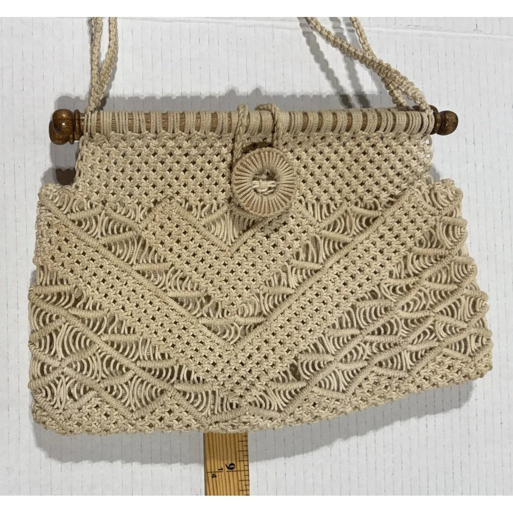 Vintage Macrame Boho Hippie Purse - 1970's Handbag‎ with Wood Detail